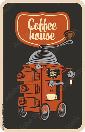 surreal coffee grinder with cup on wheels in a retro style