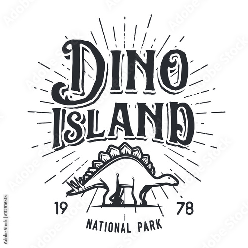 Vector dinosaur island logo concept. Stegosaurus national park insignia design. Jurassic period illustration. Dino Vintage T-shirt badge on white background