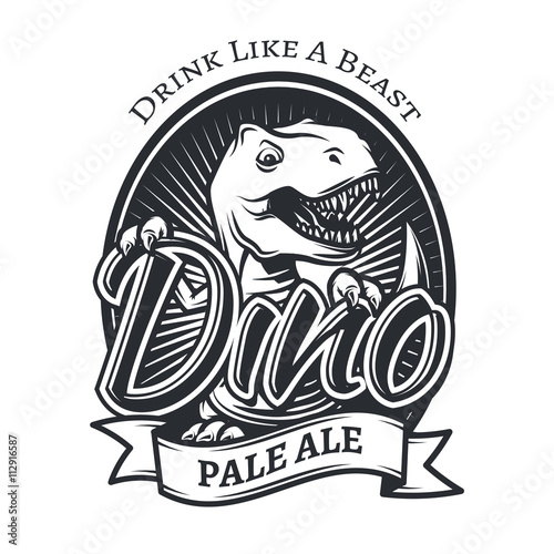 Vector dinosaur craft beer brewery logo concept. T-rex bar insignia design. Pale ale label template. Vintage Jurassic period illustration. Tyrannosaurus T-shirt badge on white background