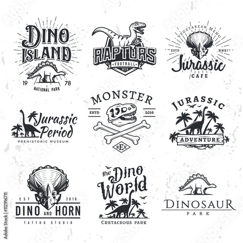 Big Dinosaur Vector Logo Set. Triceratops t-shirt illustration concept. Raptors security insignia design template. Vintage Jurassic Period labels. Theme park badges