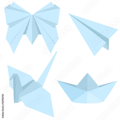 Vector Set of Blue Origami Objects: Plane, Boat, Butterfly, Crane.