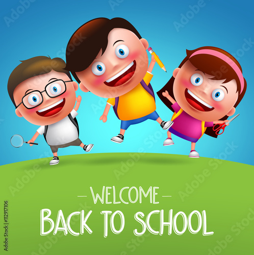 Back to school students vector characters funny boys and girls kids jumping in horizon going to school with backpack bag. Vector illustration
