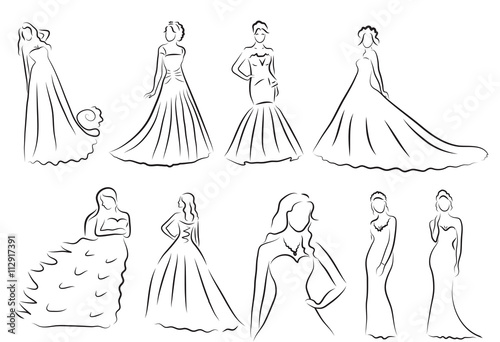 Bride Silhouette set, Sketch bride, the bride in a beautiful wedding dress, vector