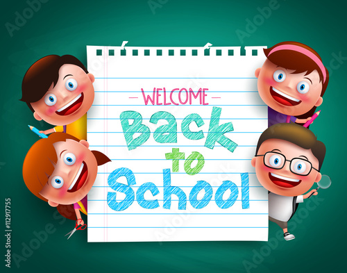 Back to school colorful  text written in paper with funny kids vector characters holding school items. Vector illustration
