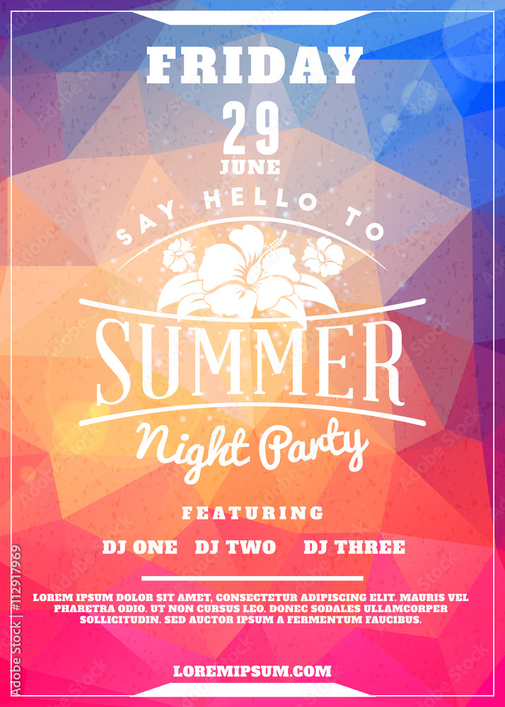 Summer Beach Party Flyer or Poster. Summer Night Party. Vector Design Template with Colorful Abstract Background