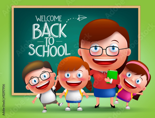 Teacher and students vector characters in front of classroom with chalk board at the back with back to school written. Vector illustration
