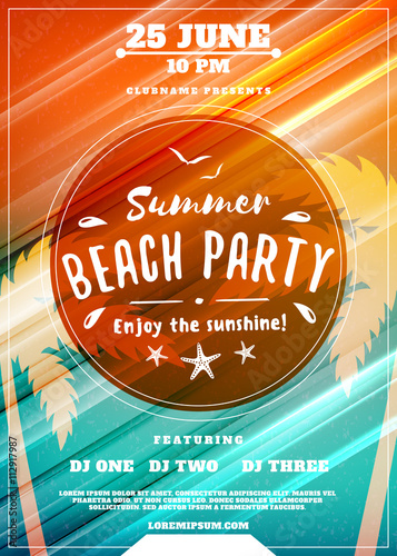Summer Beach Party Flyer or Poster. Summer Night Party. Vector Design Template with Colorful Abstract Background