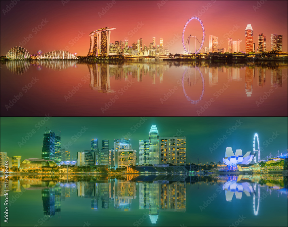 Beautiful cityscape set and collage of Marina Bay