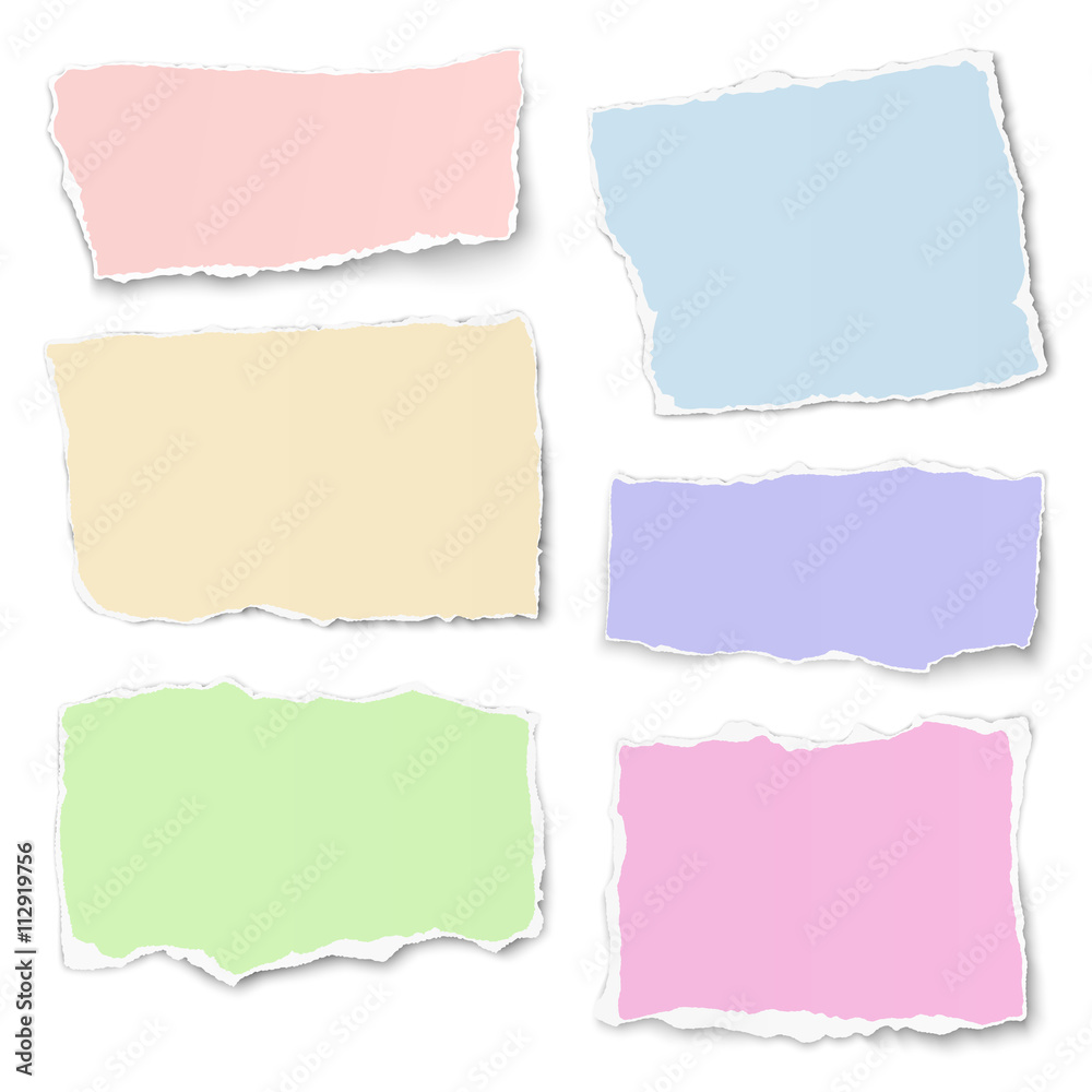 Set of pastel color paper tears with soft shadow isolated