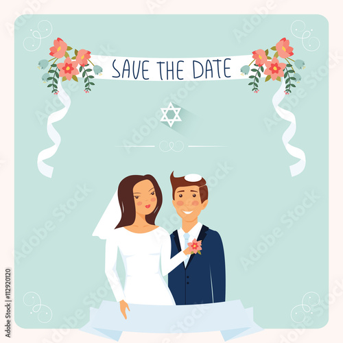 Wedding invitation template. Cute Jewish couple under chuppah. photo