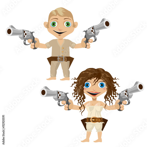 Man and woman armed with handguns, two character
