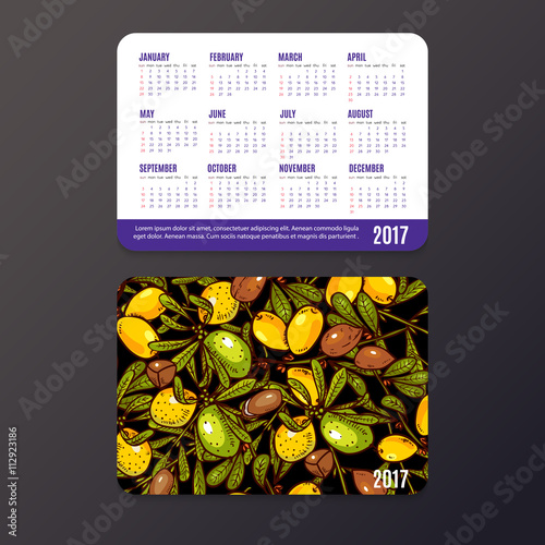 Pocket calendar with eco-products, fruits and branches Argan.