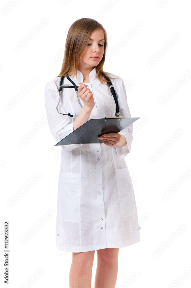 Beautiful female doctor holding clipboard, isolated on white background Beautiful female doctor holding clipboard, isolated on white background