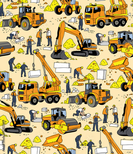 Building people and construction equipment color seamless pattern.