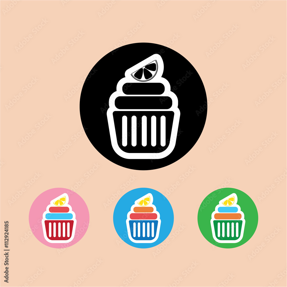 Candy card with a cream cakes, lemon slice on top, over peach background. Blue, yellow, pink, green and black. Digital vector image. Candy card with a cream cakes, lemon slice on top, over peach background. Blue, yellow, pink, green and black. Digital vector image.