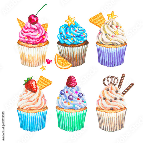 Watercolor cupcakes collection. Watercolor cupcakes set