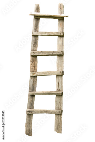 Old wooden ladder isolated on white photo