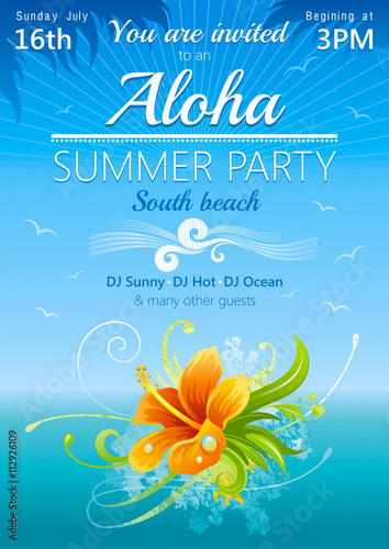 Day beach poster for hawaiian party with hibiscus flower