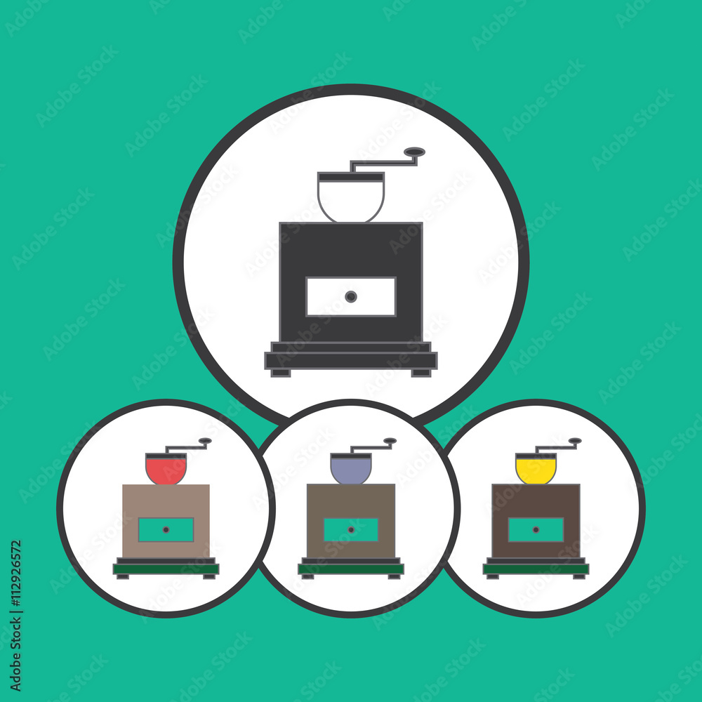 Card with a set of old coffee mills in round frames over a green background, in outline style. Silver, blue, yellow and red. Digital vector image. Card with a set of old coffee mills in round frames over a green background, in outline style. Silver, blue, yellow and red. Digital vector image.