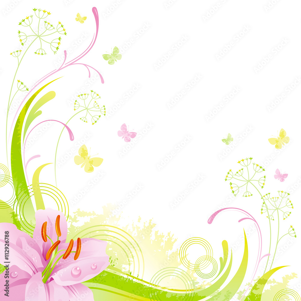 Floral summer background with red pink lily, leafs, grass and grunge elements, copy space for your text