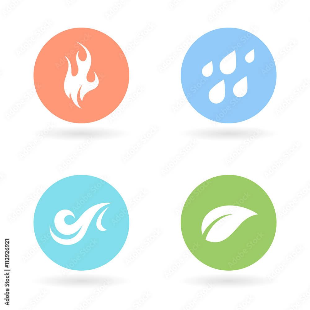 The four natural elements colour circle icons - Earth, Water, Fire and Air symbols. Vector illustration. The four natural elements colour circle icons - Earth, Water, Fire and Air symbols. Vector illustration.