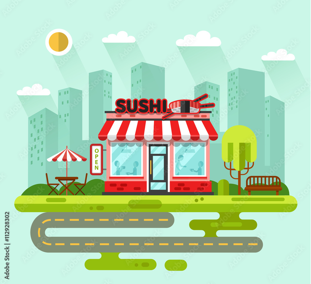Vector flat style illustration of City landscape with nice sushi bar or chinese restaurant building, street with road, bench, trees, umbrella, table, chair. Signboard with big sushi roll, chopsticks.