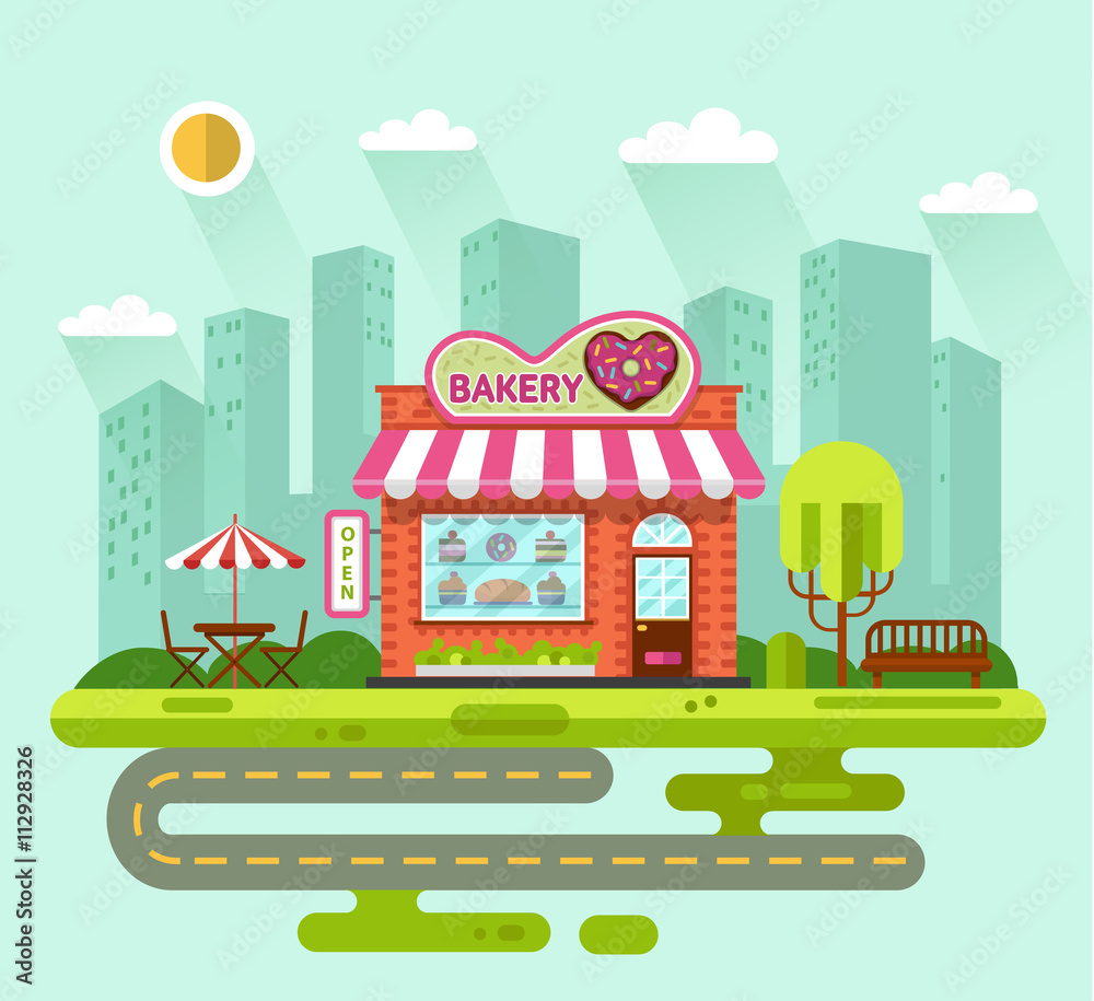 Vector flat style illustration of City landscape with nice bakery shop ...