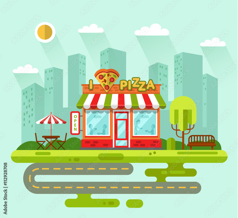 Vector flat style illustration of City landscape with nice pizzeria shop building, street with road, bench, trees, umbrella, table and chair. Signboard with slice of pizza in heart shape. Love pizza.