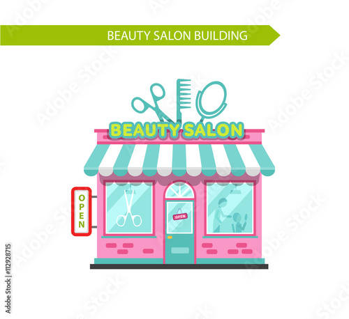 Vector illustration of nice beauty or hair salon building. Signboard with big scissors, hair brush and mirror. Flat style vector illustration. Isolated on white background.