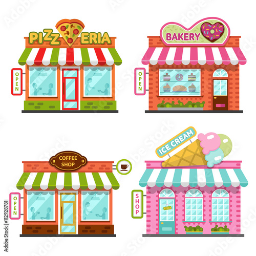 Set of different nice shops with beautiful signboards: coffee shop or cafe, bakery, pizzeria, ice cream shop. Flat vector illustration stock set. Infographic elements.