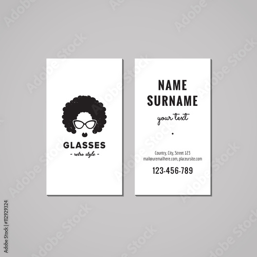 Eyeglasses business card design concept. Eyeglasses logo with an afro hair woman. Vintage, hipster and retro style. Black and white.