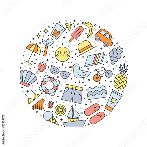 Summer beach multicolored circle illustration. Clean and simple outline design.