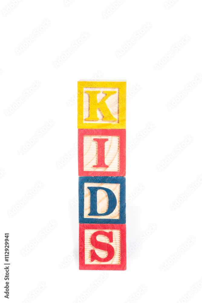 KIDS with colorful alphabet blocks on white background KIDS with colorful alphabet blocks on white background