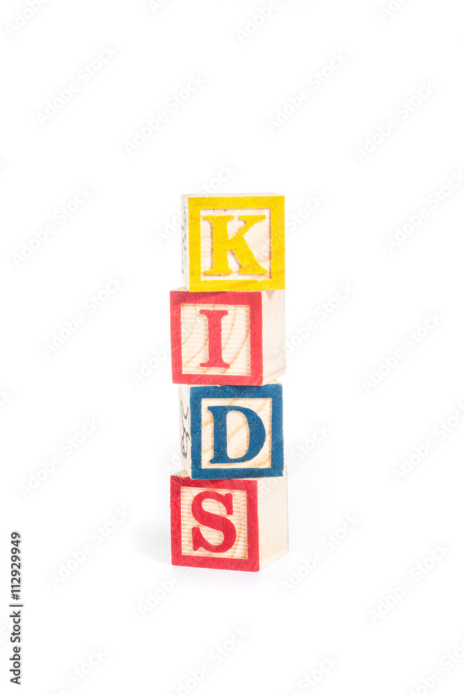 KIDS with colorful alphabet blocks on white background KIDS with colorful alphabet blocks on white background