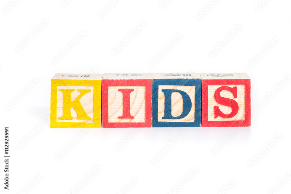 KIDS with colorful alphabet blocks on white background KIDS with colorful alphabet blocks on white background