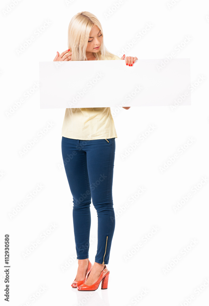 Successful business woman or teacher with white blank, isolated on white background Successful business woman or teacher with white blank, isolated on white background
