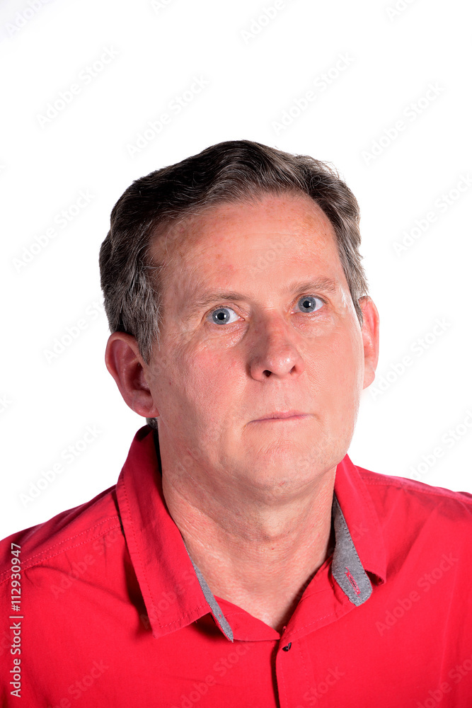Caucasian middle aged man in red shirt white background
