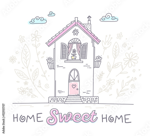Vector illustration of cute two storey cottage with flowers and