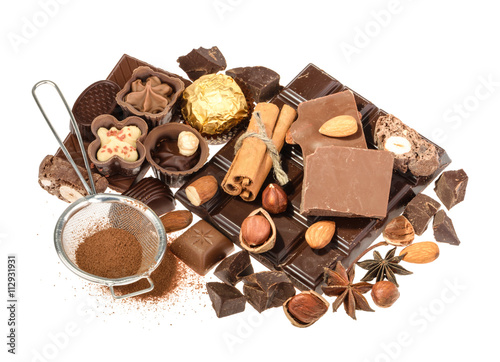 Delicious chocolates isolated on white background photo