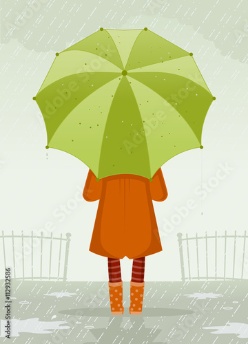 Rainy Day. Girl Holding Umbrella, vector illustration.