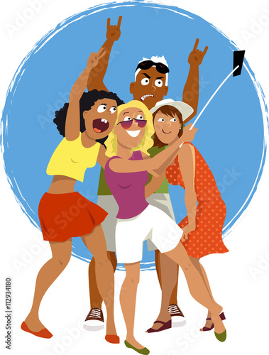 Four young friends taking a self-portrait with a smartphone attached to a selfie stick, EPS 8 vector cartoon, no transparencies