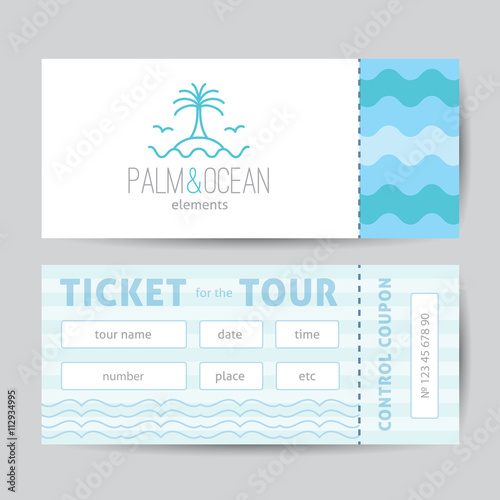 ticket template with palm, seagulls, island and waves logo