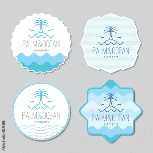 stickers with palm, seagulls, island and waves logo