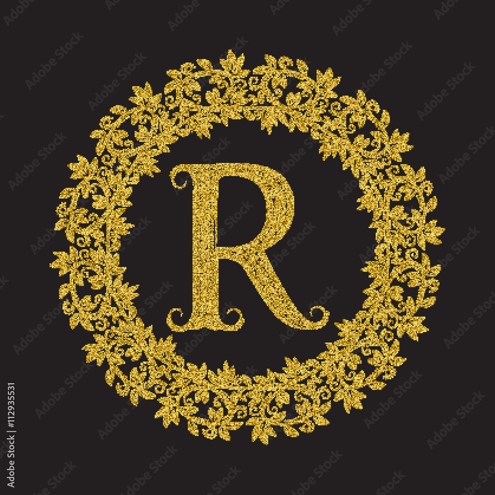 Golden glittering letter R monogram in vintage style. Heraldic circular ...