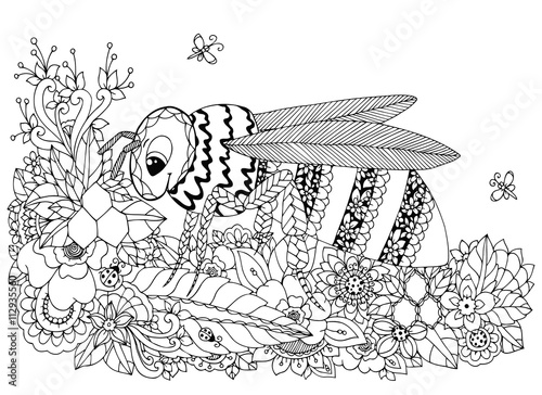 Vector illustration Zen Tangle, wasp and flowers. Doodle drawing. Coloring book anti stress for adults. Black white.