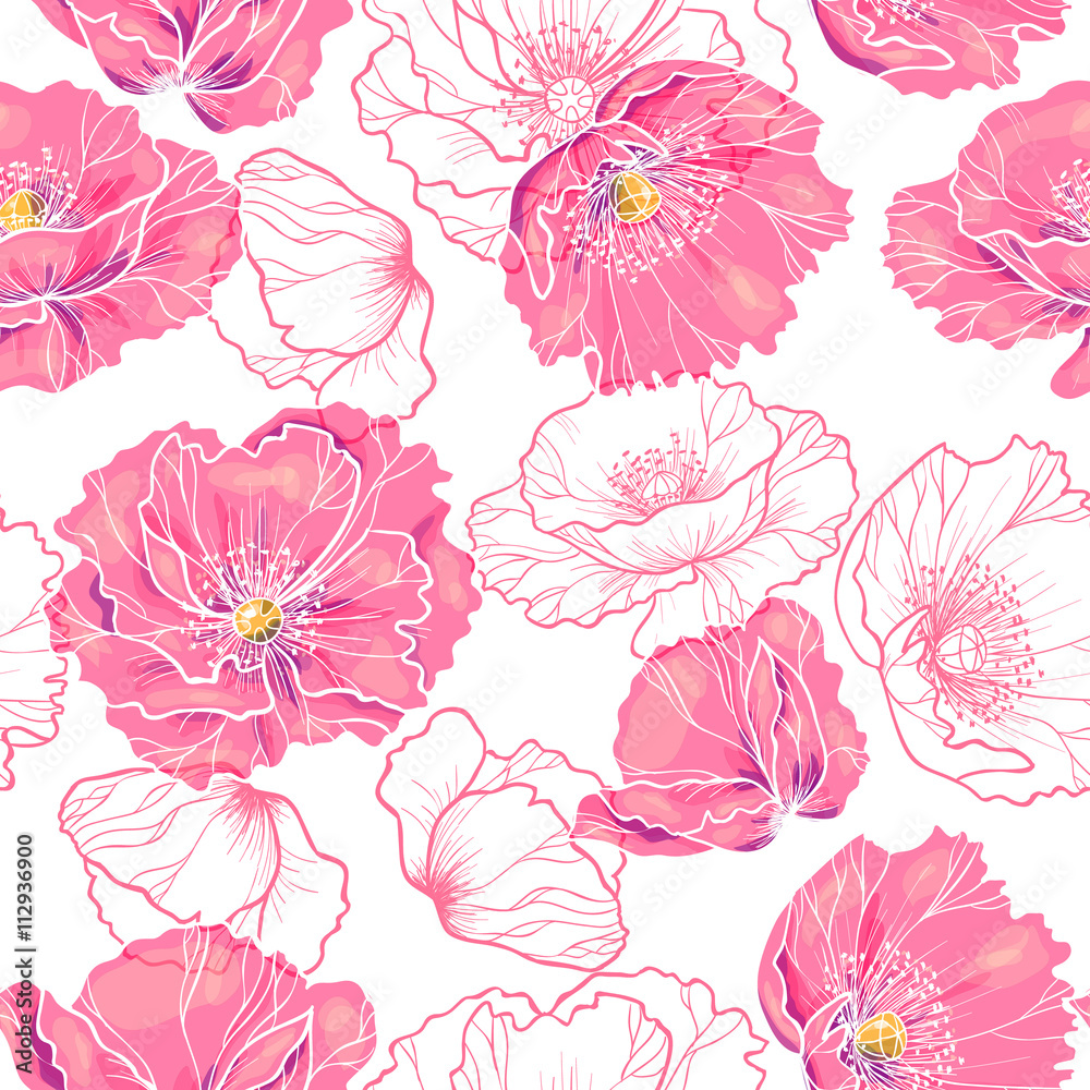 Pink poppy flowers . Vector seamless pattern Pink poppy flowers . Vector seamless pattern