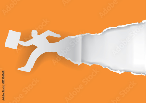 Running man with paper.
Paper man silhouette ripping orange paper with place for your text or image. Template for a original advertisement. Vector available.

