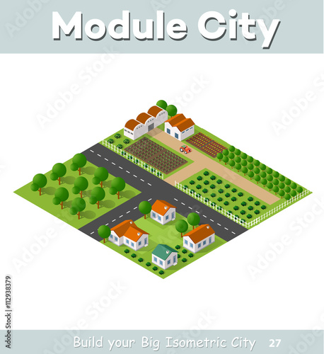 Country village of townhouses and rural houses with roads, streets, trees in an isometric view and a garden