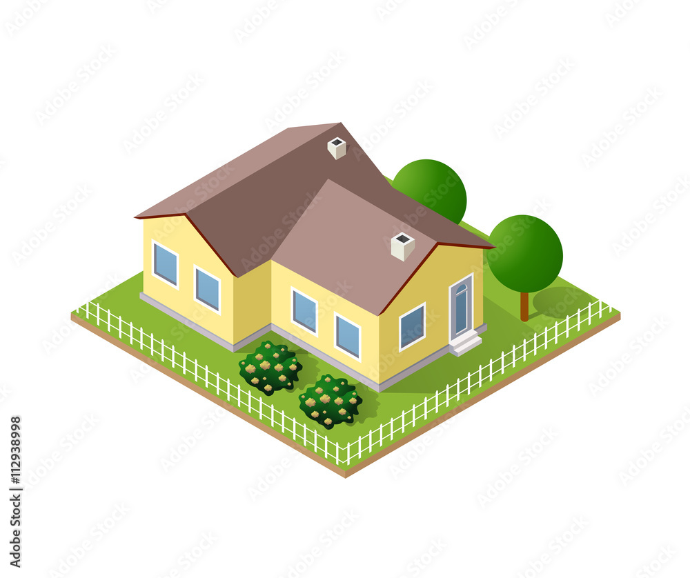 Town House in isometric view with trees and garden