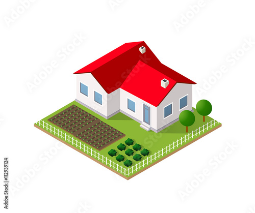 Rural farm in isometric view with trees and garden